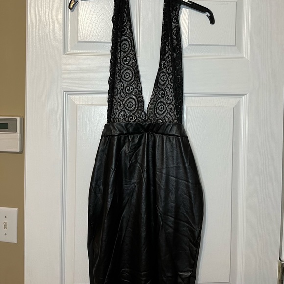 Plunge Halter Lace Faux Leather Midi Dress - Picture 3 of 8